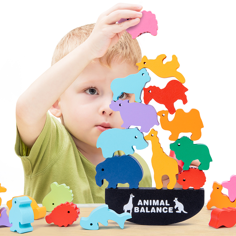 Board Game Quarto - Montessori Kinder Holz-Tier-Balancierblöcke Brettspiele Spielzeug Dinosaurier