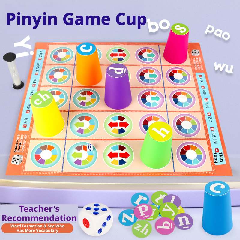 Board Game Quarto - Beliebtes Kinder-Pinyin-Zuordnungsspiel mit Farbigen Stapelbechern, Frühpädagogisches